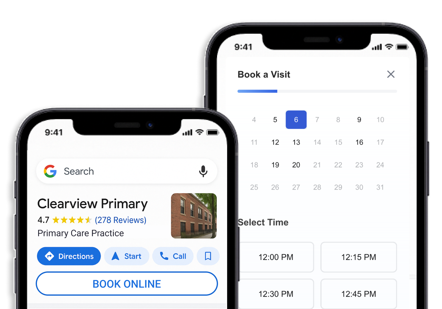 Two mobile phone mockups showing online appointment booking interfaces