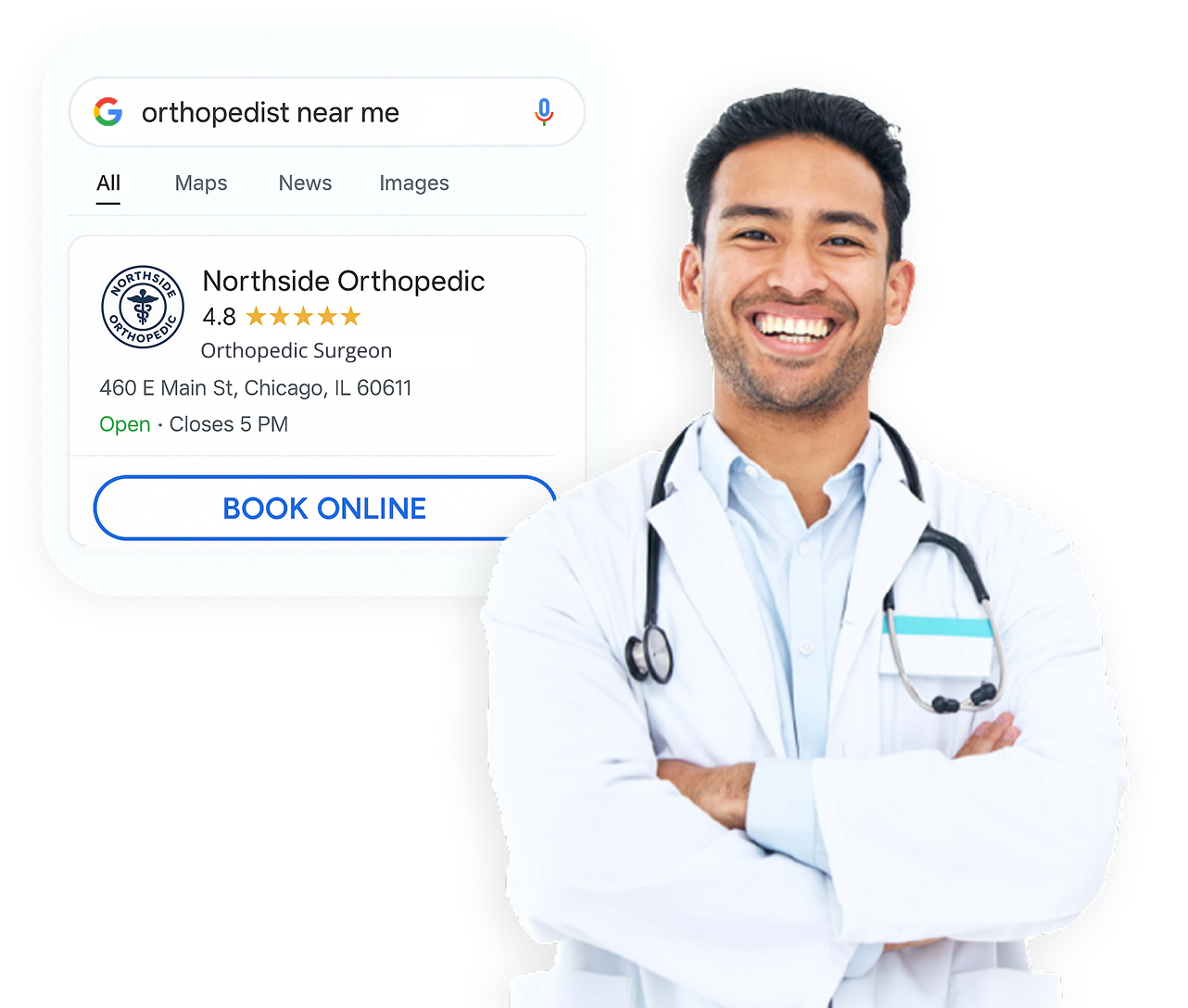 Doctor smiling next to a Google search result for orthopedist near me
