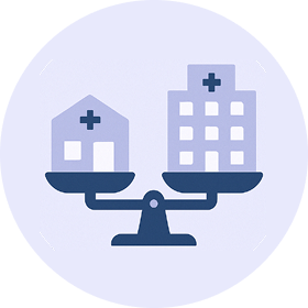 Icon showing scales balancing a small clinic and a large hospital building